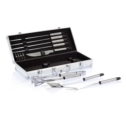 12-delige barbecue set in aluminium koffer, zilverkleurig